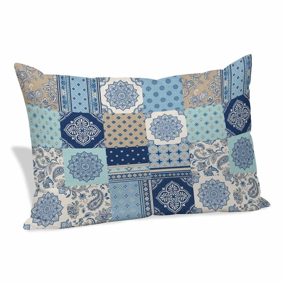 Bohemia Floral Pillow Covers, Linen Long Throw Pillow Case, Retro Mediterranean Texture Patchwork Blue Holiday Pillow Protector Decorative Cushion Cover for Living Room/Bedroom 20" x 30"