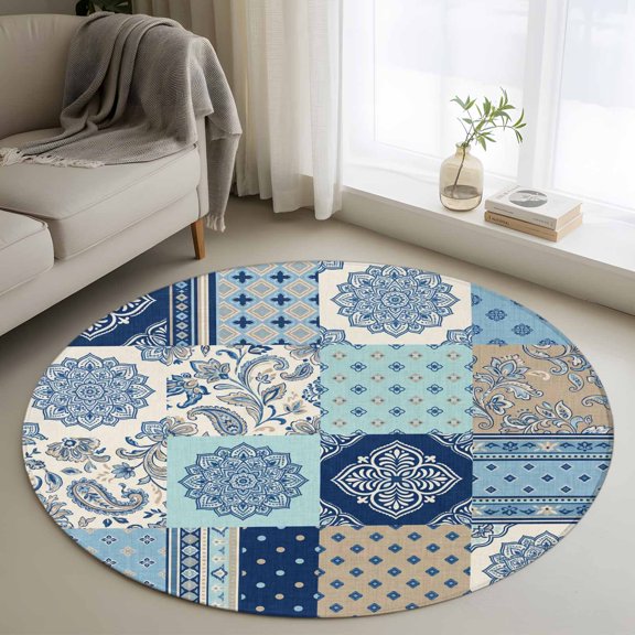 Bohemia Floral Round Area Rug 3Ft Washable Small Circle Rugs for Kitchen Entryway, Retro Mediterranean Texture Patchwork Blue Non-Slip Carpet Floor Mats Indoor Outdoor Carpet Runner Home Decor