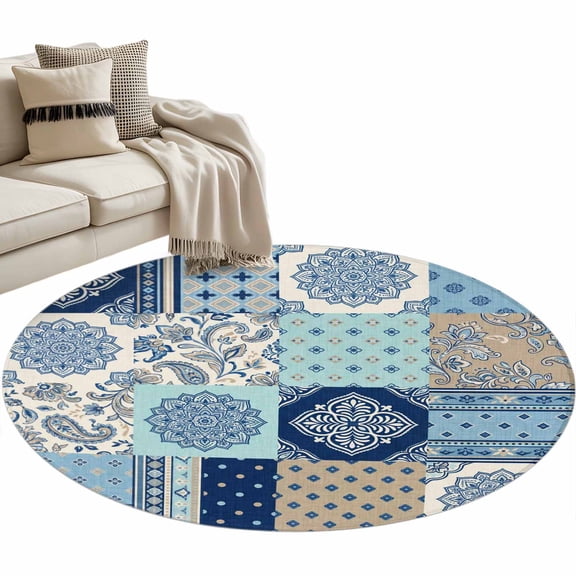 Bohemia Floral Round Area Rugs Collection 3', Retro Mediterranean Texture Patchwork Blue Non Slip Indoor Circular Throw Runner Rug Floor Mat Carpet for Living Room Dining Table Bedroom Nursery