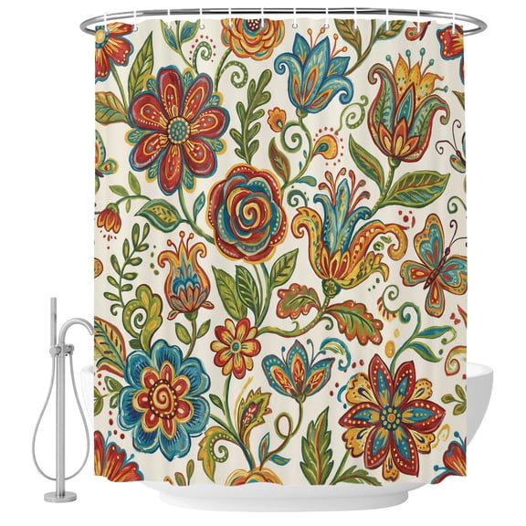 Bohemia Floral Shower Curtain for Bathroom, Vintage Pesley Blue Flowers Leaf Plant Pattern Waterproof Cloth Fabric Bathroom Accessories Set with 12 Rust Proof Plastic Hooks, 72"x72"