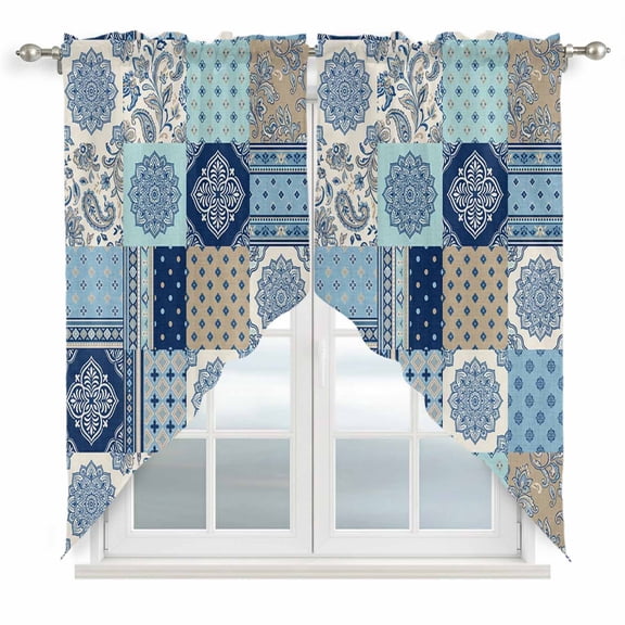 Bohemia Floral Swag Curtains for Living Room/Bedroom, Retro Mediterranean Texture Patchwork Blue Swag Kitchen Curtain Valances for Windows, Tier Topper Scalloped Curtain 2 Panels, 72"W x 36"L