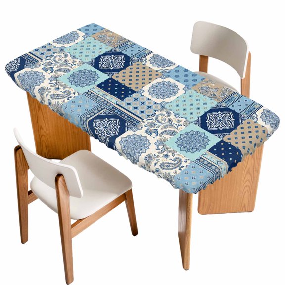 Bohemia Floral Table Cloths for 3 Foot Rectangle Tables, Retro Mediterranean Texture Patchwork Blue Patio Waterproof Elastic Fitted Tablecloths, Washable Rectangular Table Cover for Camping