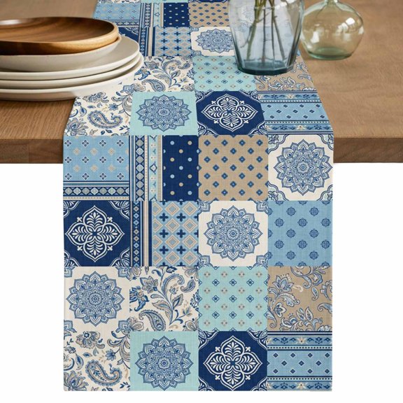Bohemia Floral Table Runner, Retro Mediterranean Texture Patchwork Blue Washable Cotton Linen Table Runners 36 Inches Long, Dresser Scarf Runner for Nightstand/End Tables/Round Tables 13''x36''