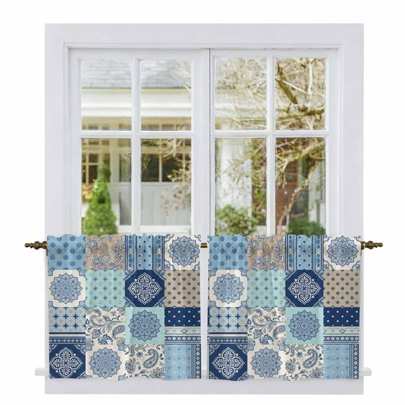 Bohemia Floral Tier Curtains 24 Inch Length, Retro Mediterranean Texture Patchwork Blue Cafe Short Curtains for Bathroom Over Sink, Small Kitchen Curtain Light Filtering Drapes 2 Panels 27.5"Wx24"L