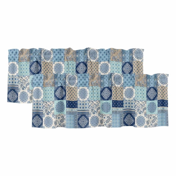 Bohemia Floral Valances for Windows, Decorative Rod Pocket Window Valance Curtains, Retro Mediterranean Texture Patchwork Blue Short Curtain Drapes for Kitchen/Living Room, 2 Panels, 42" W x 12" L