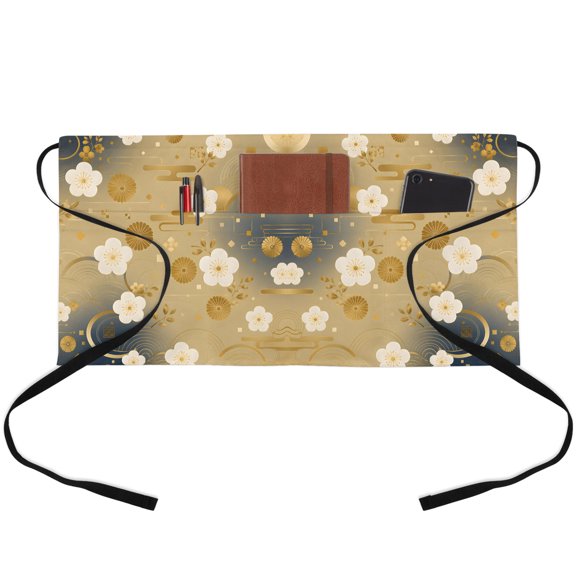 Bohemia Floral Waitress Apron with 3 Pockets, Traditional Abstract Flowers Luxury Ombre Server Aprons Waterproof Kitchen Restaurant Half Waist Apron for Men Women