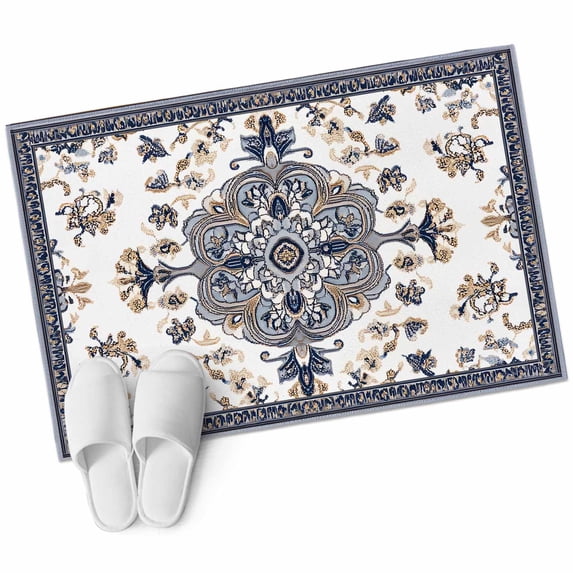 Bohemia Floral Washable Area Rug 2 x 3 ft Blue Retro Boho Ethnic Farmhouse Flower Pattern , Soft Non Slip Rugs Stain Repellent Indoor Felt Carpet for Living Dining Room Bedroom Home Office