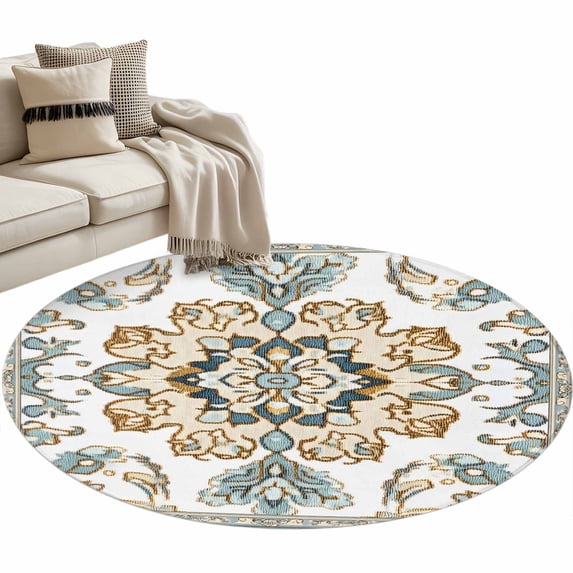 Bohemia Floral Washable Round Area Rug 3 ft, Retro Boho Ethnic Farmhouse Blue Flower Pattern , Soft Non Slip Rugs Stain Repellent Indoor Felt Carpet for Living Dining Room Bedroom Home Office