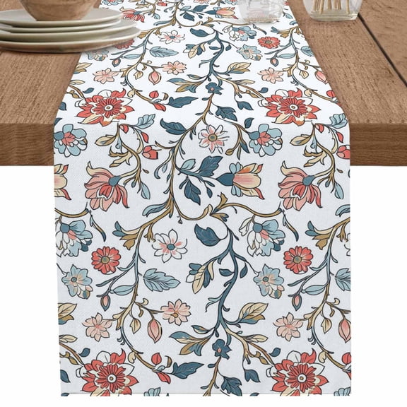 Bohemia Flower Leaves on Retro Table Runner-36 Inch Long Tribal Western Floral Table Runners Linen Burlap Tablerunner for Kitchen Dining Room Holiday Party