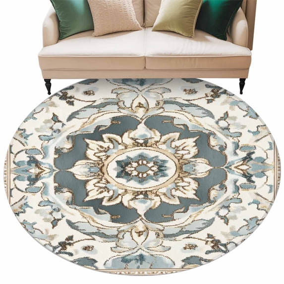 Bohemia Flower Pattern Washable Round Area Rug 5 ft, Blue Retro Boho ...