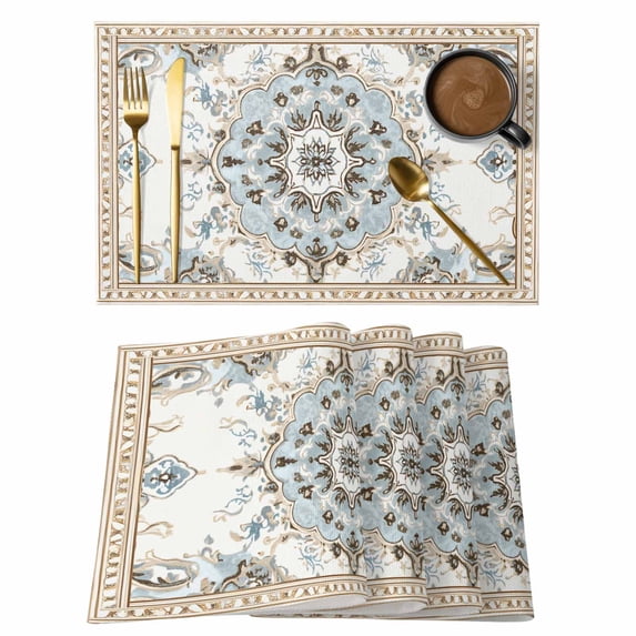 Bohemia Flower Placemats Set of 8, Vintage Boho Ethnic Farmhouse Blue Floral Pattern Non-Slip Place Mats Washable Table Mats for Kitchen Dining Table Decorations Indoor/Outdoor