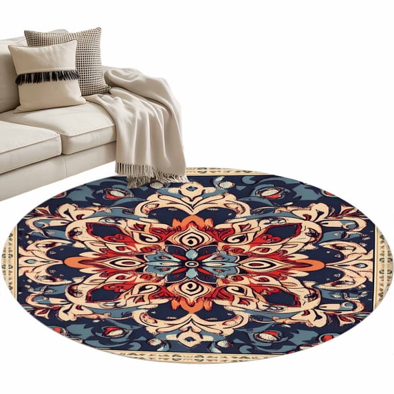 Bohemia Flower Round Area&nbsp;Rug 3.3ft Vintage Boho Ethnic Farmhouse Orange Floral Pattern Non-Slip&nbsp;Washable Circle Rugs Soft Felt Indoor Floor Mat for Bedroom Kitchen Living Room Bathroom