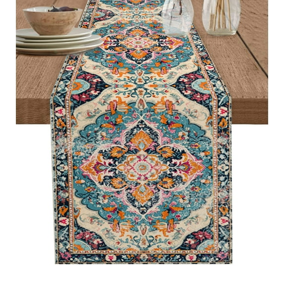 Bohemia Flower, Table Runner Colorful Vintage Abstract Geometric Tablerunners 13 x 120 Inch, Table Decorations Tabletop Scarf for Summer Gathering Holiday Farmhouse Kitchen Dining Decor