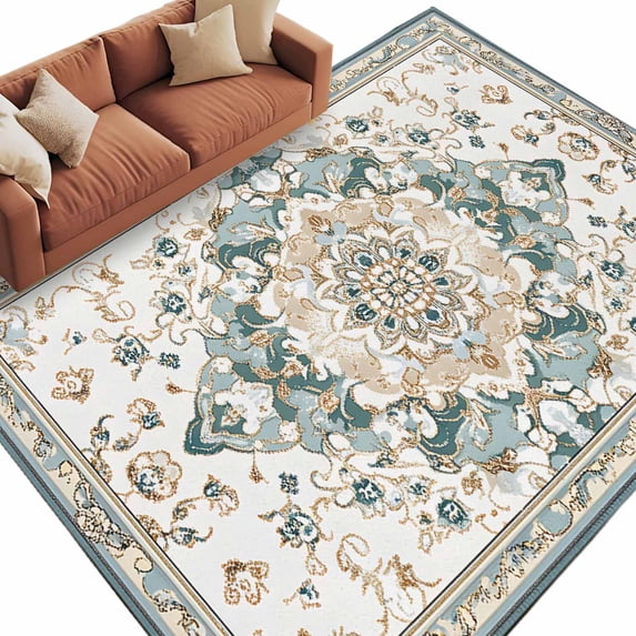 Bohemia Flower Washable Area Rug 5 x 7 ft Retro Boho Ethnic Farmhouse Blue Floral Pattern , Soft Non Slip Rugs Stain Repellent Indoor Felt Carpet for Living Dining Room Bedroom Home Office