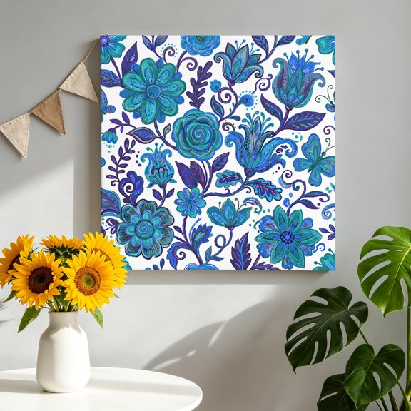 Bohemia Flowers Canvas Wall Art, Vintage Pesley Blue Floral Leaf Plant Pattern Framed Canvas Wall Decor Picture Print Artwork Decorations for Living Room Office Ready to Hang 8" x 8"
