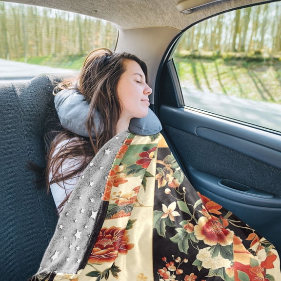 Bohemia Flowers Grids Travel Blanket Pillow Compact Foldable Airplane Throw Blanket with Trolley Sleeve for Travel Camping