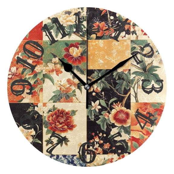 Bohemia Flowers Grids Wall Clock 10 inch Non-Ticking Easy to Read Decorative Clocks for Home Bedroom Living Room