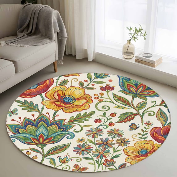 Bohemia Flowers Round Living Room Rugs 4 ft, Color Vintage Pesley Floral Leaf Plant Pattern Washable Area Rug with Non-Slip Sturdy Edge Binding Round Carpet for Entryway Kitchen Bedroom Bathroom