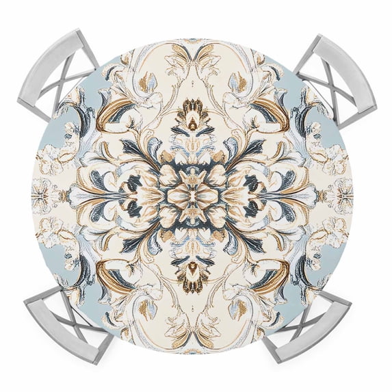 Bohemia Flowers Round Tablecloth for 36-44 Inch Tables,Fitted Table Cover with Elastic Edge,Boho Ethnic Rustic Abstract Pattern Waterproof Outdoor Table Cloth Protector for Patio Garden Dinner Picnic