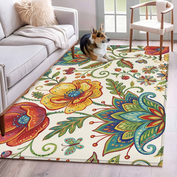Bohemia Flowers Washable Area Rugs 3'x5', Color Vintage Pesley Floral Leaf Plant Pattern Low Pile Throw Living Room Rug Non-Slip Sturdy Edge Binding Carpet for Indoor Entryway Bedside Kitchen