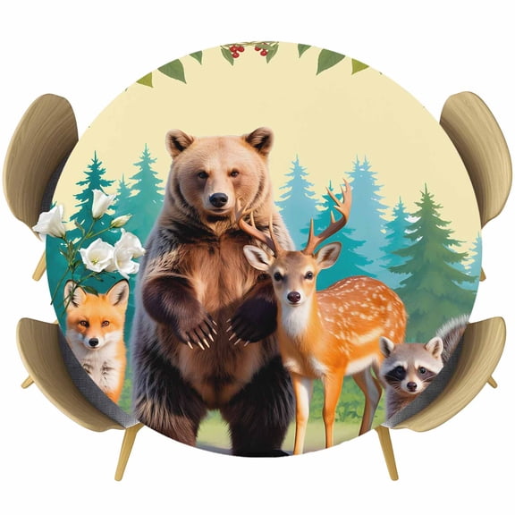 Bohemia Forest Animals Round Tablecloth 36-44 Inch Round Fitted Table Cloth with Elastic Edge, Vintage Forest Trees Berry Leaf Cream Waterproof Table Cover Protector for Outdoor Picnic Party Dining