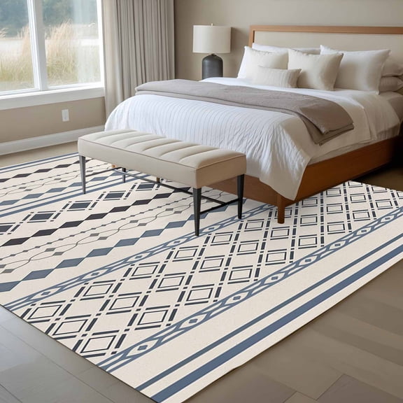 Bohemia Geometric 6x9 Rug for Dining Room Table and Chair Setup, Beige Grey Blue Stripe Diamond Ethnic Style Low Pile Washable Non Slip Rectangle Area Rug