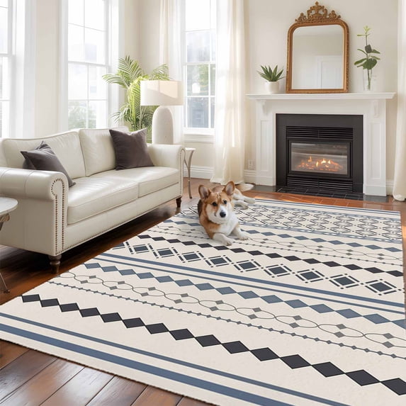 Bohemia Geometric Area Rugs 5x7 ft Beige Grey Blue Stripe Diamond Ethnic Style Washable Rug Non Slip Indoor Carpet Absorbent Floor Mat for Living Room Bedroom Dining Room
