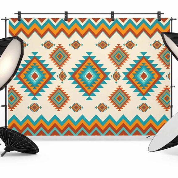 Bohemia Geometric Backdrop for Photography, Western Teal Orange Beige Aztec Ethnic Photo Backdrop Portrait Background Party Banner Photo Backgrounds for Studio Booth Props, 7x5ft