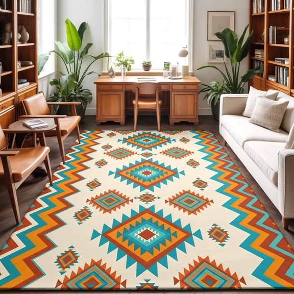 Bohemia Geometric Washable Area Rug 9 x 12 ft Western Teal Orange Beige Aztec Ethnic, Soft Non Slip Rugs Stain Repellent Indoor Felt Carpet for Living Dining Room Bedroom Home Office
