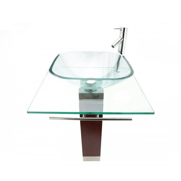 Bohemia Glass Pedestal Sink Combo Clear Countertop Bathroom Vanity Vessel Sink, Faucet, Drain, Towel Bar, Tempered Glass Counter and Wood Pedestal| Renovators Supply