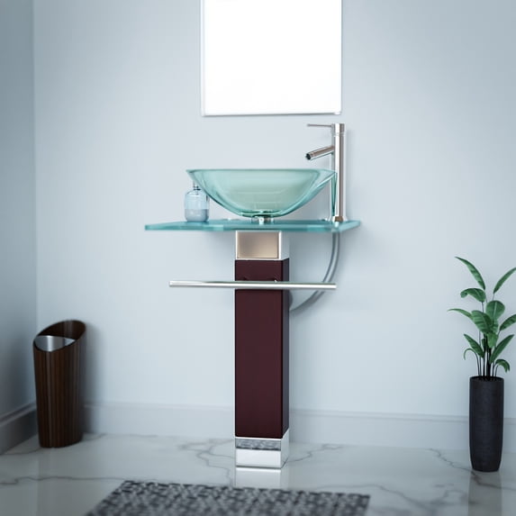 Bohemia Glass Pedestal Sink Combo Clear Countertop Bathroom Vanity Vessel Sink, Faucet, Drain, Towel Bar, Tempered Glass Counter and Wood Pedestal| Renovators Supply