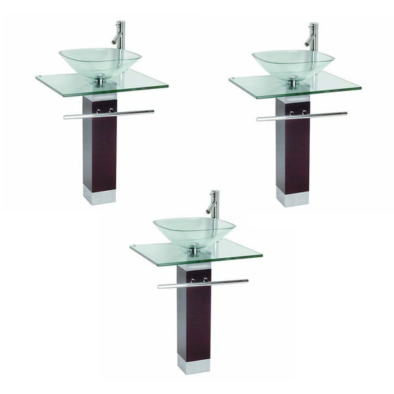 Bohemia Glass Pedestal Sink Combo Clear Countertop, Modern Bathroom Vanity Vessel, Faucet, Drain, Towel Bar, Tempered Glass Counter and Pedestal - Set of 3| Renovators Supply