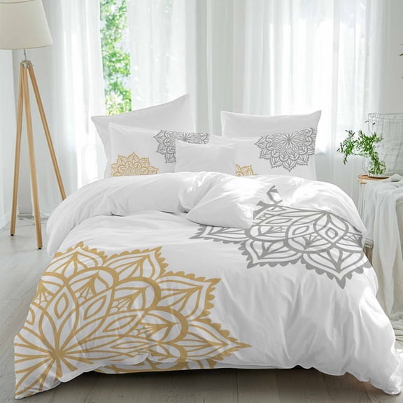 Bohemia Grey Yellow Floral Queen Size Comforter Set, Boho Flowers Vintage Bedding for All Seasons, 4 Pcs Bed Set, 1Quiltcover (90"x92") ,1Sheet(94"x116"), 2Pillowcases (30"x20")