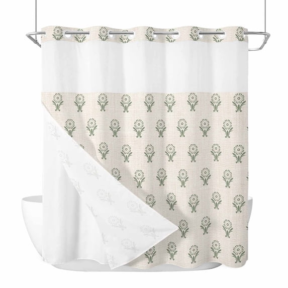 Bohemia No Hook Shower Curtain with Snap in Liner, Waterproof Fabric Shower Curtains, Green Flowers Abstract Boho Beige Shower Curtain Set Top See Through for Bathroom 66"x72"