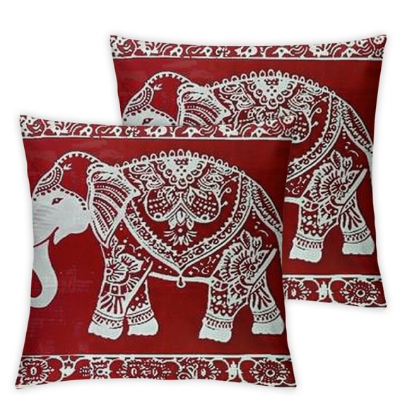 Bohemia India Ethnic Style Animal Elephant Mandala Pattern Retro Red Background Throw Pillow Cover Cushion Case Material Decorative