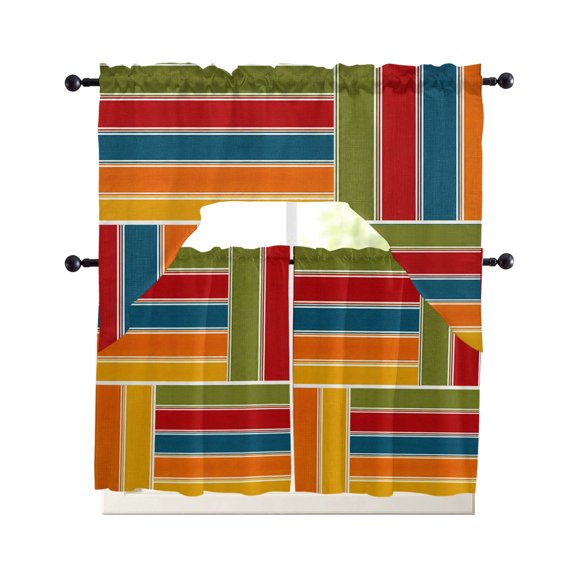 Bohemia Kitchen Curtains Set for Windows 3 Piece Cafe Curtains 24 Inch Length Swag Curtains Valances and Tier Set Retro Minimalist Geometric Stripes Patchwork Rustic Drapes for Bedroom Bathroom