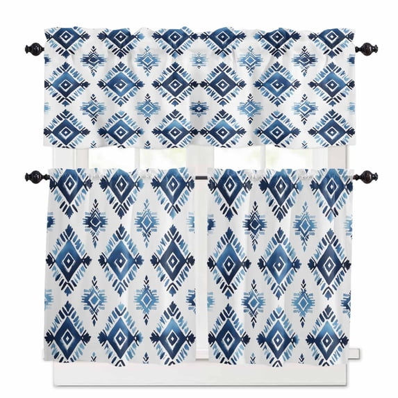 Bohemia Kitchen Curtains and Valances Set, Blue Argyle Pattern Ethnic Style Retro Abstract Rod Pocket Window Valance 18 Inch Window Curtain Panels for Living Room Bedroom Laundry, 27.5x36in, 3 Pieces