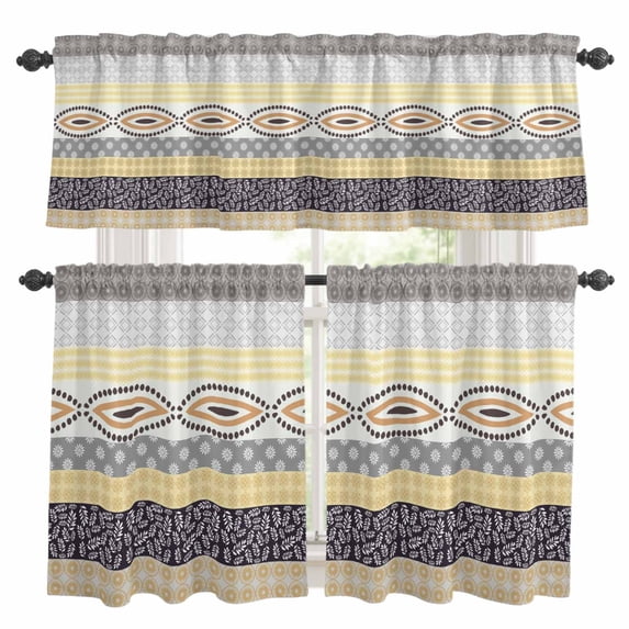 Bohemia Kitchen Curtains Valances and Tiers Set of 3 Ethnic Yellow Grey Black Geometric Floral Leaf Stripes Tier Curtains and Valance with Rod Pocket for Small Windows, 27.5"x36"