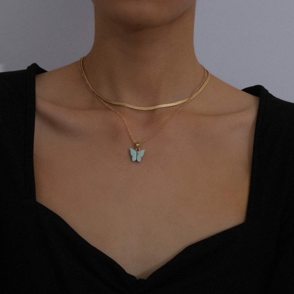 Bohemia Layered Butterfly Necklace and Earrings Insect Jewelry Set Boho Prom Party Festival Accessories for Women
