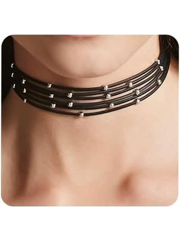 Bohemia Layered Choker Necklace Black Leather Choker with Silver Beads Multilayer Collar Necklace for Women