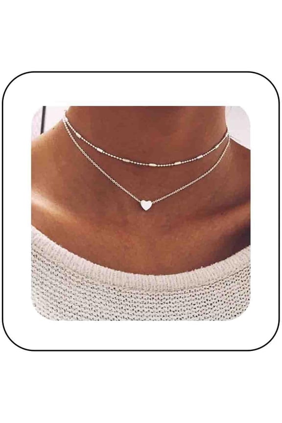 Bohemia Layered Silver Heart Necklace Chain Tiny Heart Pendant Necklace silver Satellite Choker Necklace Ball Station Necklace Choker Jewelry for Women 2 Pcs