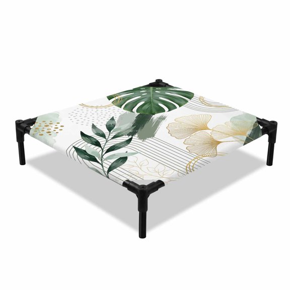 Bohemia Leaf Elevated Dog Bed, Boho Abstract Botanical Green Monstera Leaf Ginkgo Leaf Cooling Breathable Outdoor Raised Dog Cot Bed with Metal Frame Non-Slip Feet for Small Dog 20x20in