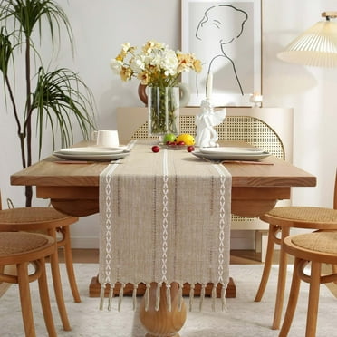 Bohemia Linen Table Runner for Home Decor, 72" Long Farmhouse Rustic Macrame Burlap Table Runner, Handmade Table Runner with Tassels for Boho Dining Bedroom Decoration