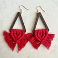 thumbnail image 1 of Bohemia Macrame Fringe Wood Triangle Geometric Handmade Weave Statement Earrings, 1 of 6
