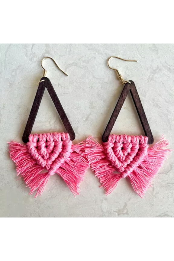 Bohemia Macrame Fringe Wood Triangle Geometric Handmade Weave Statement Earrings