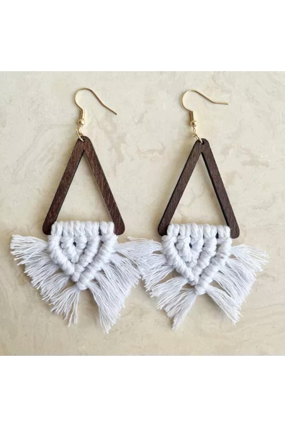 Bohemia Macrame Fringe Wood Triangle Geometric Handmade Weave Statement Earrings