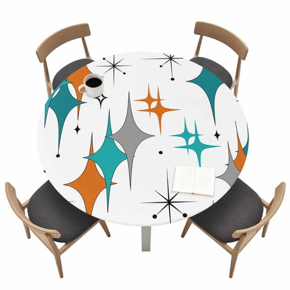 Bohemia Mid Round Fitted Tablecloth Century Geometric Diamond Pattern Elastic Table Cloth Waterproof Oil Proof Table Cover Fits 45"-54" Round Tables for Party Picnic Dinner Decor