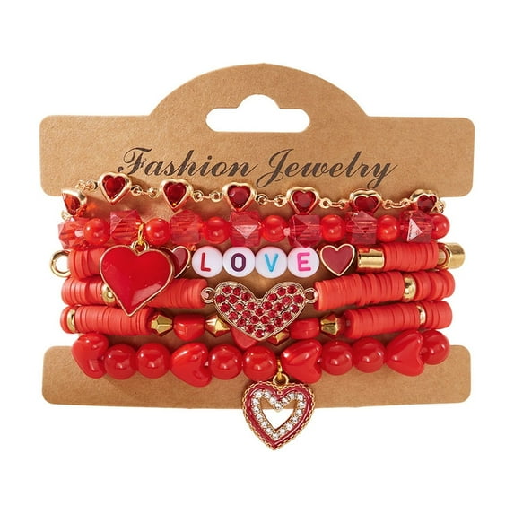 Bohemia Multilayer Crystal Glass Beaded Valentine's Day Charm Bracelets Set Colorful Red Love Heart Clay Beaded Friendship Stackable Stretch Bracelet for Women Men Valentine's Day Jewelry Gifts