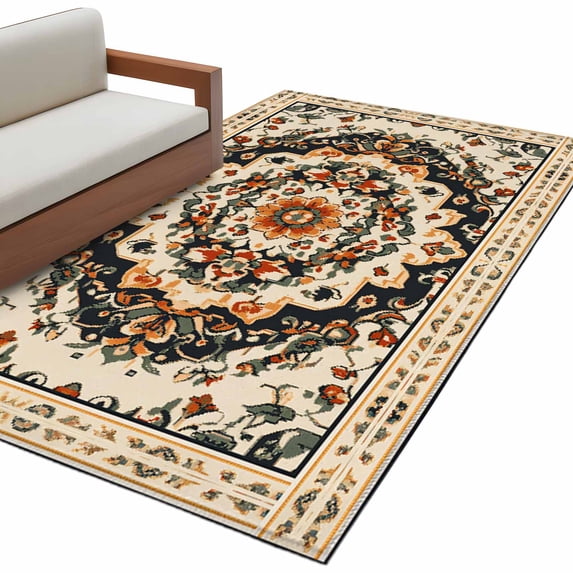 Bohemia Orange Floral Washable Area Rug 2.7 x 5 ft Vintage Boho Ethnic Farmhouse Flower Pattern , Soft Non Slip Rugs Stain Repellent Indoor Felt Carpet for Living Dining Room Bedroom Home Office