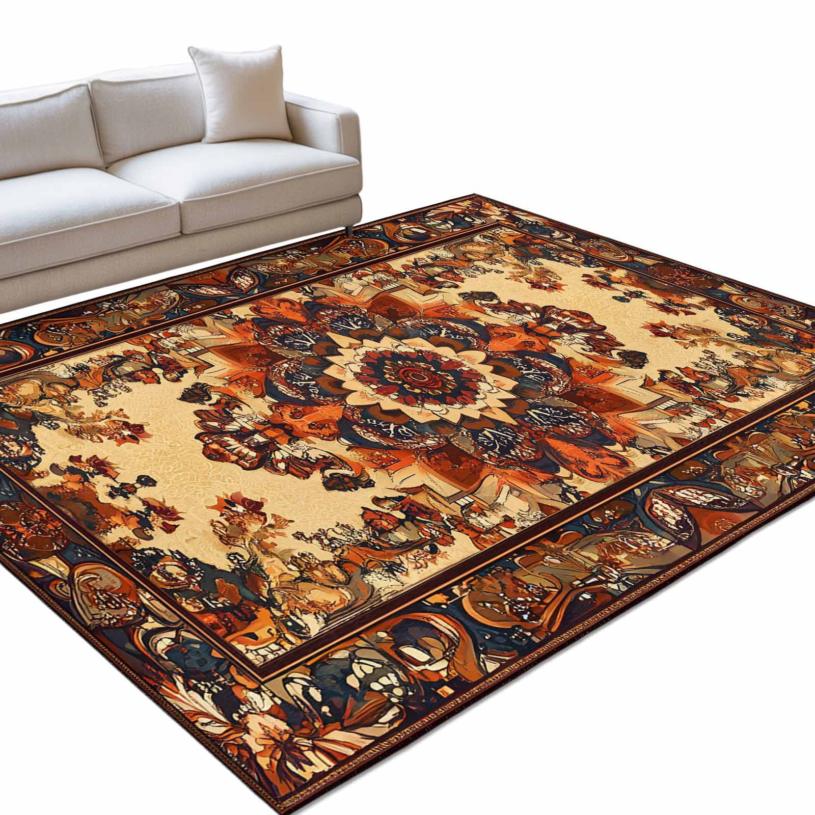 Bohemia Orange Flower Area Rug, Vintage Boho Ethnic Farmhouse Floral ...